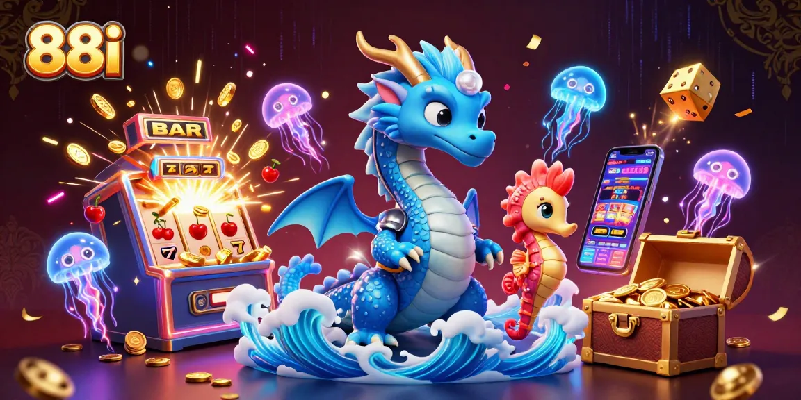 Win big at 88i with a vibrant scene of a cartoon water dragon, seahorse knight, and slot machine bursting with coins.