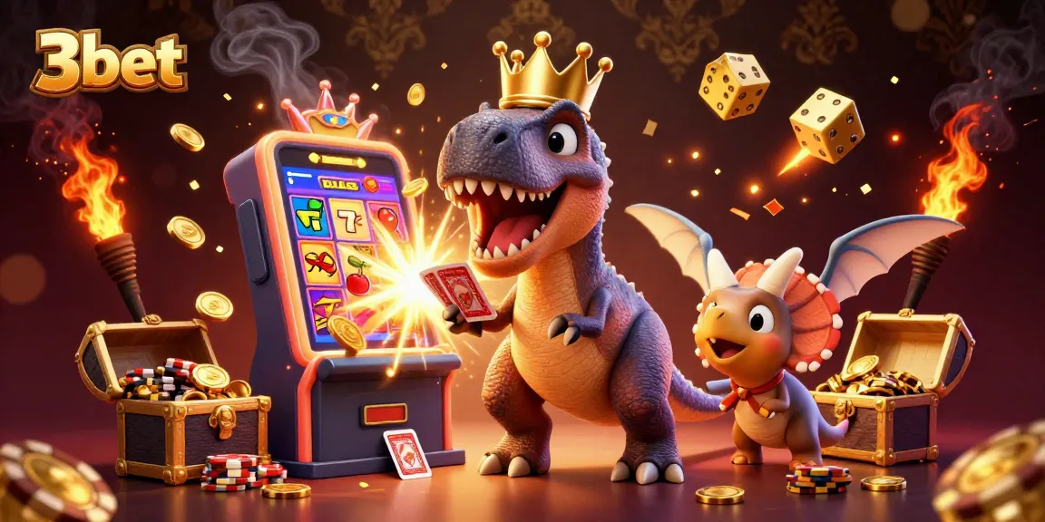 3bet features a cartoon T-Rex shuffling cards, with a pterodactyl holding them, creating a vibrant casino scene.
