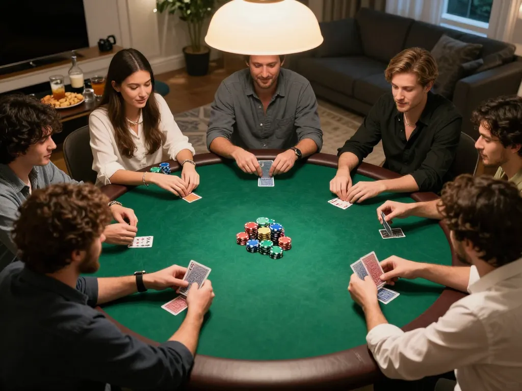 Players strategizing in an engaging poker game at home, featuring Fabet casino elements and vibrant atmosphere