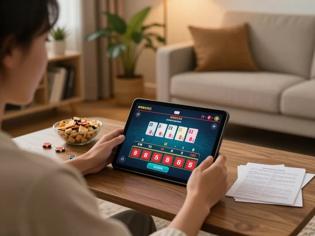 Engaging in online casino gameplay on tablet at home, showcasing mb66-t platform for secure betting