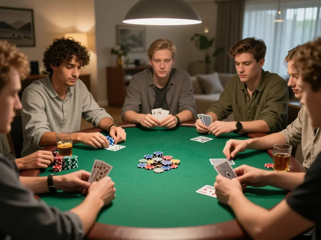 Friends enjoying a poker night at home, with strategic gameplay around a green felt table, emphasizing okwin gaming.