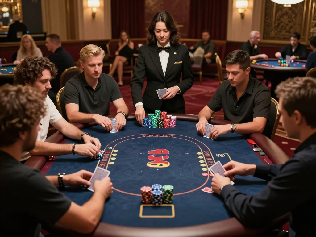 Pucuk138 players engaging at a high-stakes poker table amidst luxurious casino atmosphere