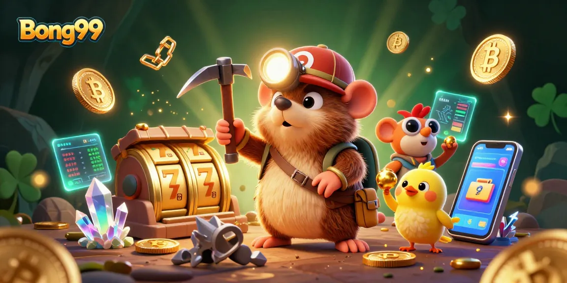 Bong99 showcases an exciting scene of a treasure hunter mole in a slot machine cave with crypto coins and gems.