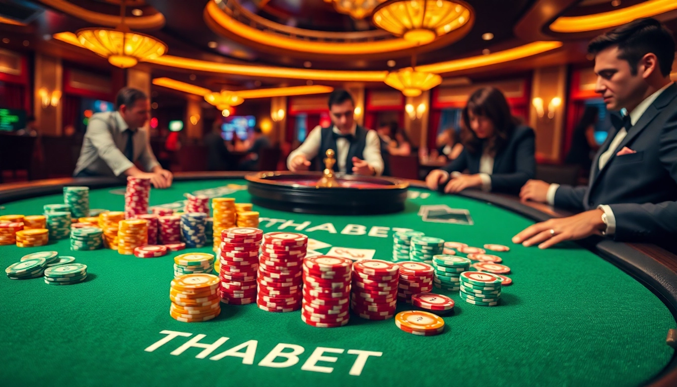 Players strategizing at a THABET-branded poker table in a luxurious casino setting.