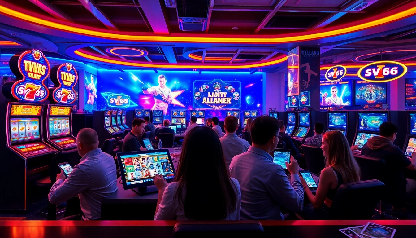 Exciting online gaming experience at SV66 with vibrant casino backdrop, players engaged and celebrating wins.
