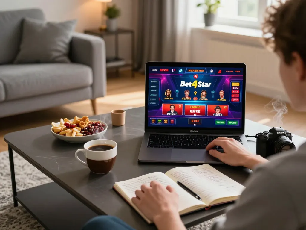 Player enjoying Bet4Star Netherland on laptop at home, lively gaming setup with coffee and notes