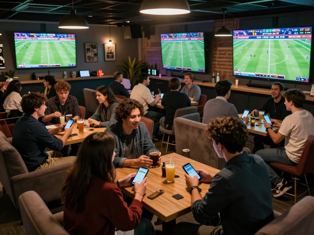 Socolive increasing excitement among fans in a lively sports betting lounge filled with screens and friends.