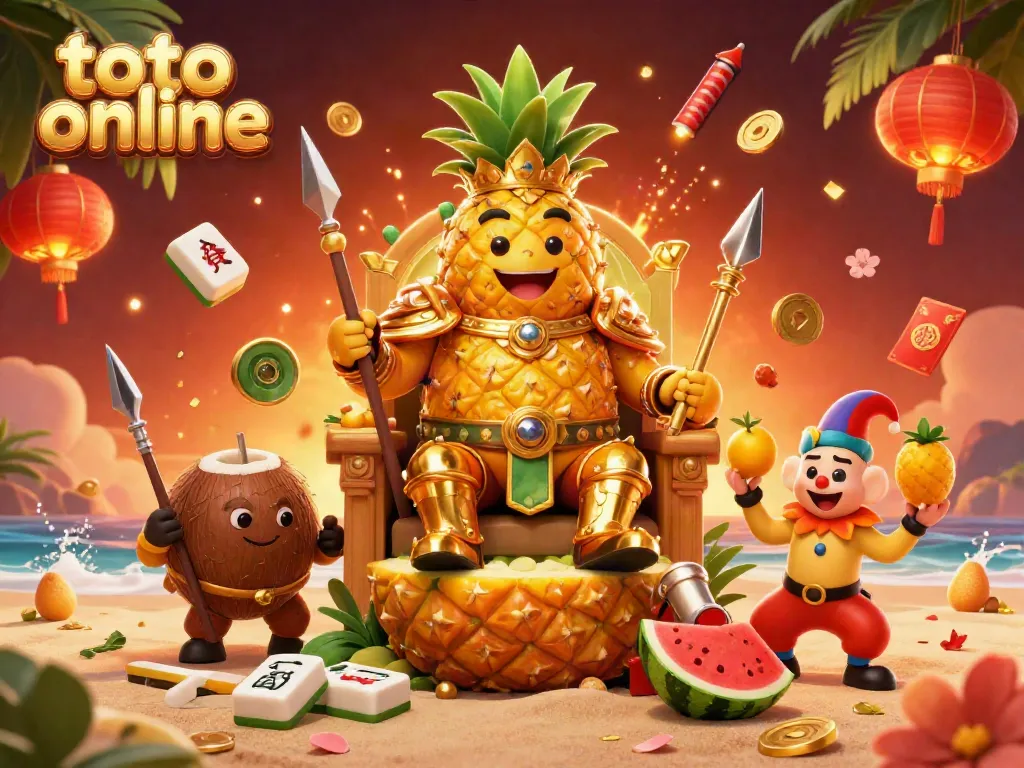 Toto online casino scene with animated characters a golden pineapple king, coconut warriors, and a jester.