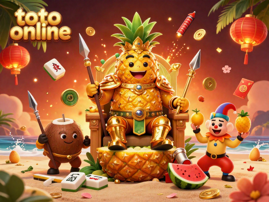 Toto online casino scene with animated characters a golden pineapple king, coconut warriors, and a jester.