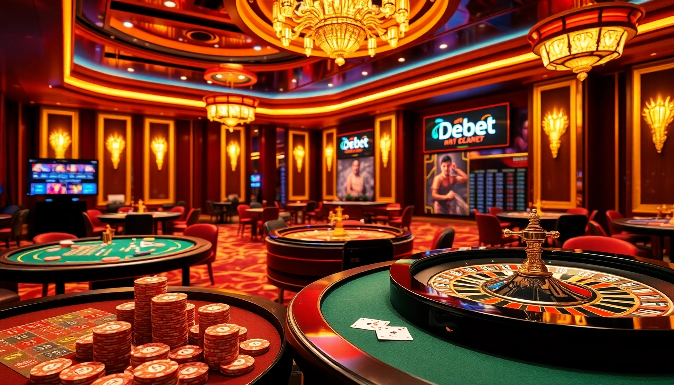 Experience the excitement of online gambling on Trang Chủ DEBET with casino tables and poker chips.