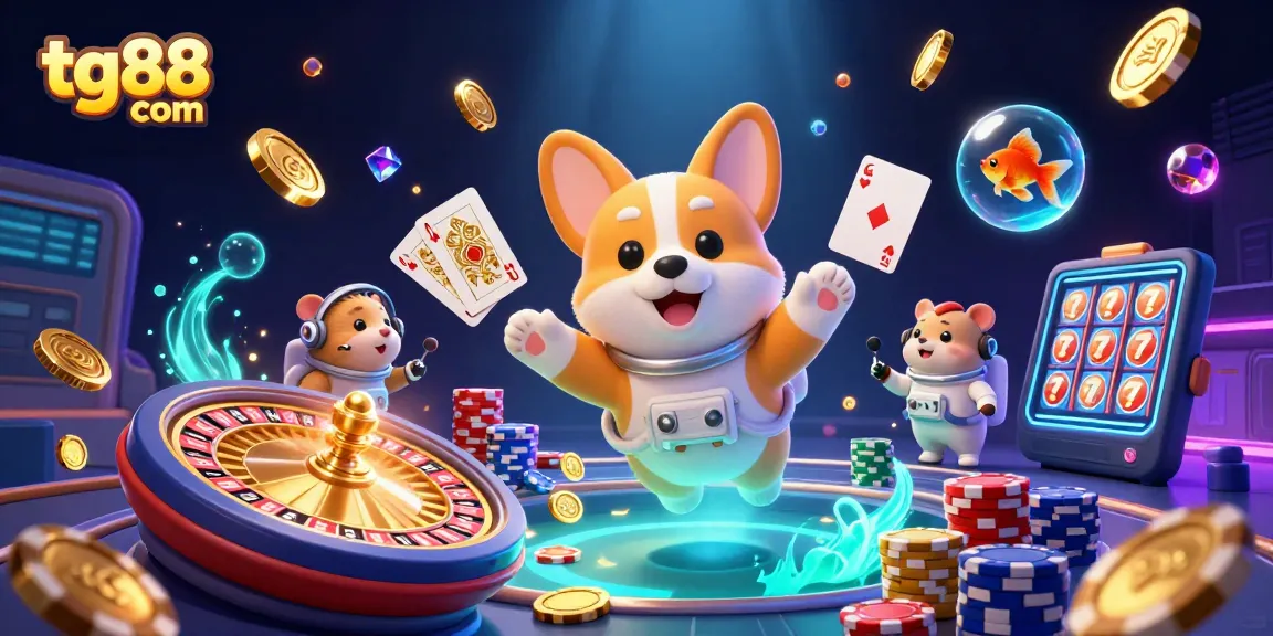 Experience thrilling gaming at tg88 com in a vibrant casino scene with cartoon characters!