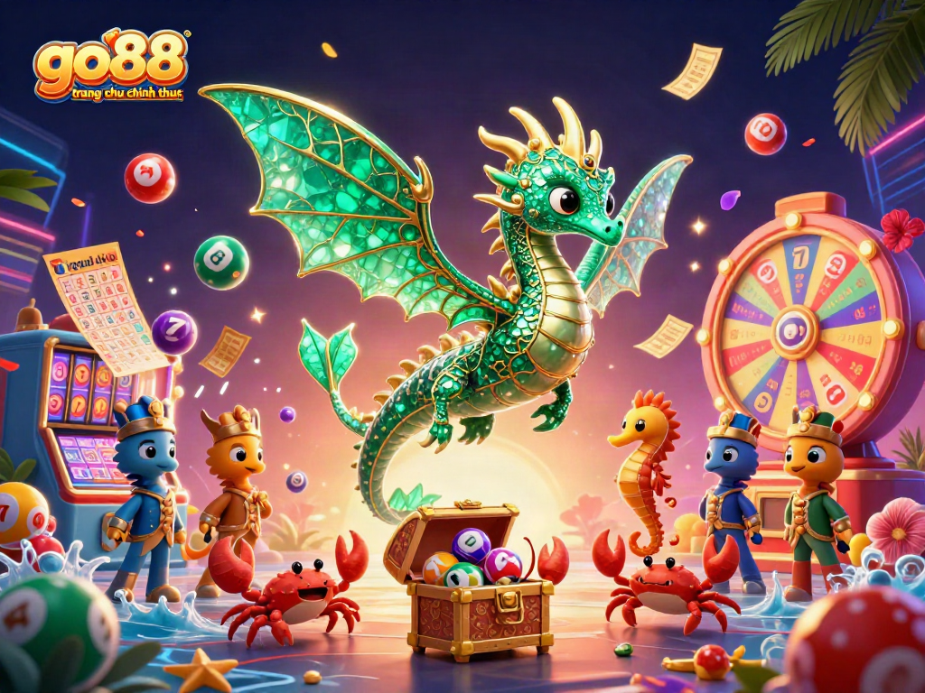 Engage with the vibrant world of go88 trang chu chinh thuc as colorful lottery balls and a dazzling sea dragon create a lively casino atmosphere.