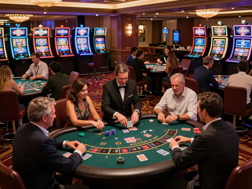 Players enjoying games at BL555 casino with vibrant slot machines and intensive poker at the table.
