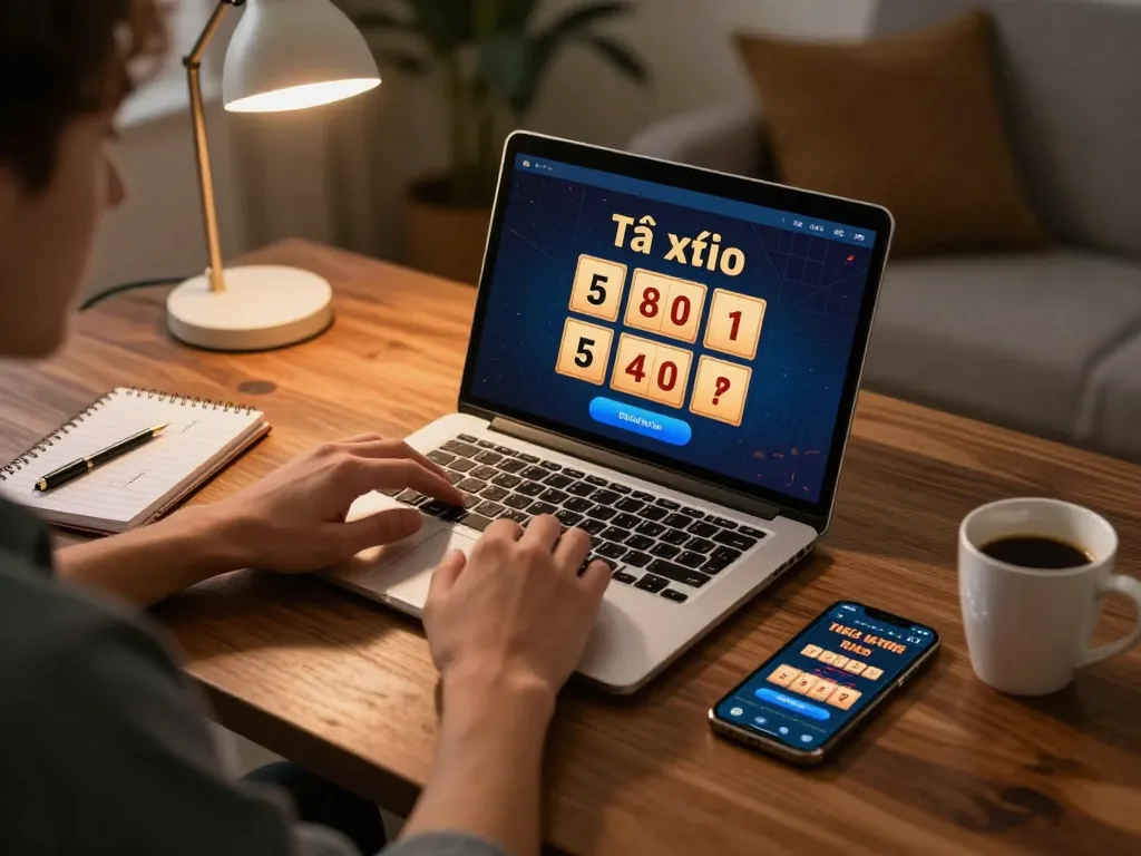 Engaging in tài xỉu online from a comfortable home setup with strategic notes nearby.
