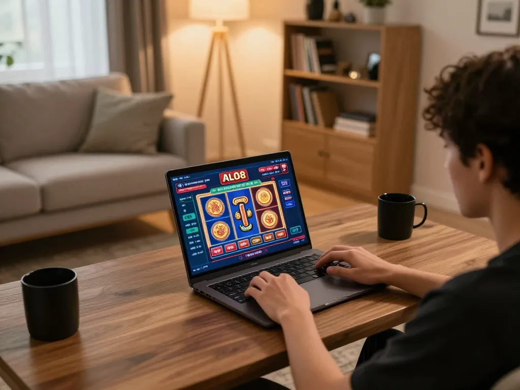 Person engaging in online casino gameplay at ALO8 from a cozy home setting, showcasing a laptop interface with vibrant slots.
