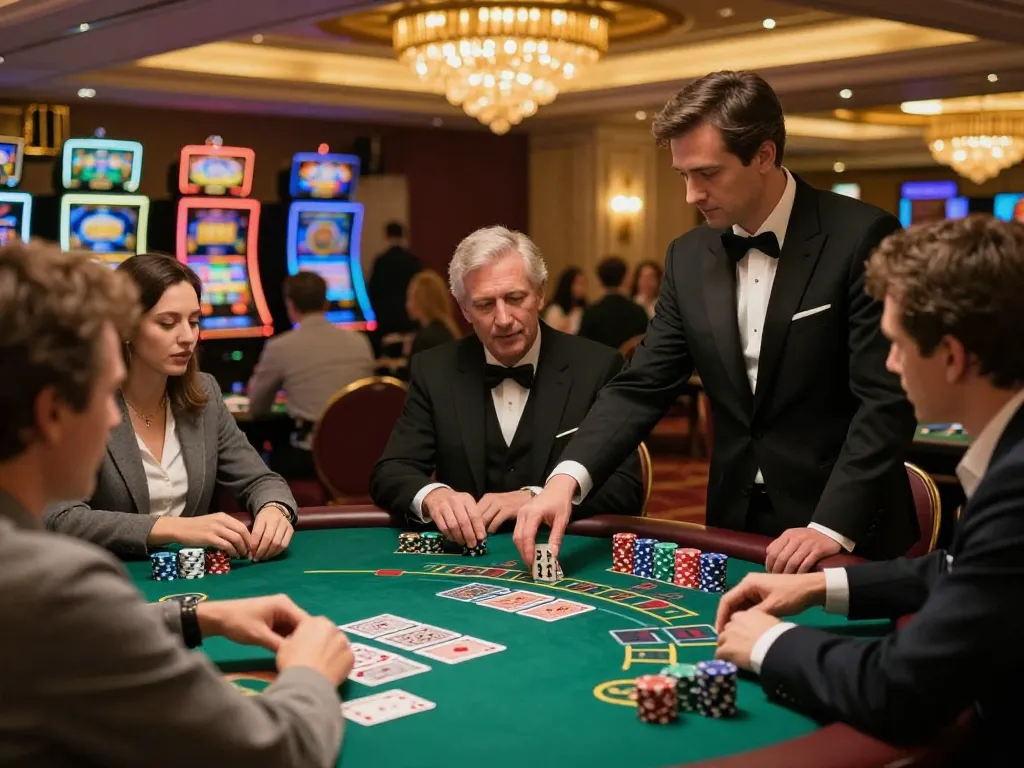 Hitclub363 players engage at stylish blackjack table, reflecting intense strategy and luxury casino environment.