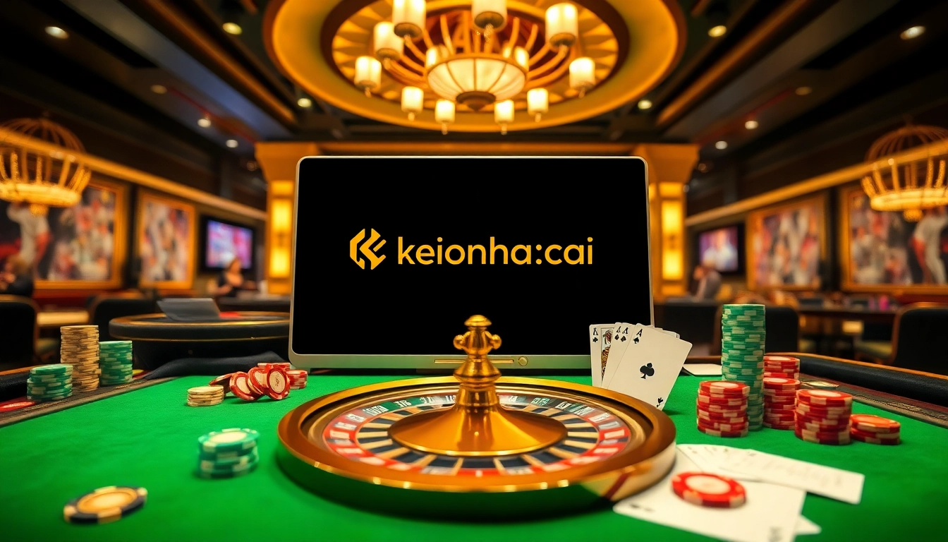 Engage with keonhacai’s thrilling online gambling scene featuring poker chips and betting slips.