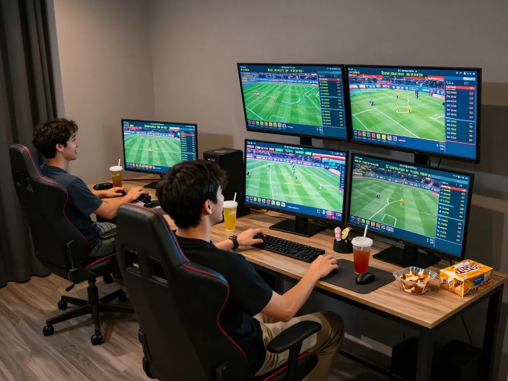Engaged bettor at an advanced sports betting setup, analyzing odds with lv88 software.