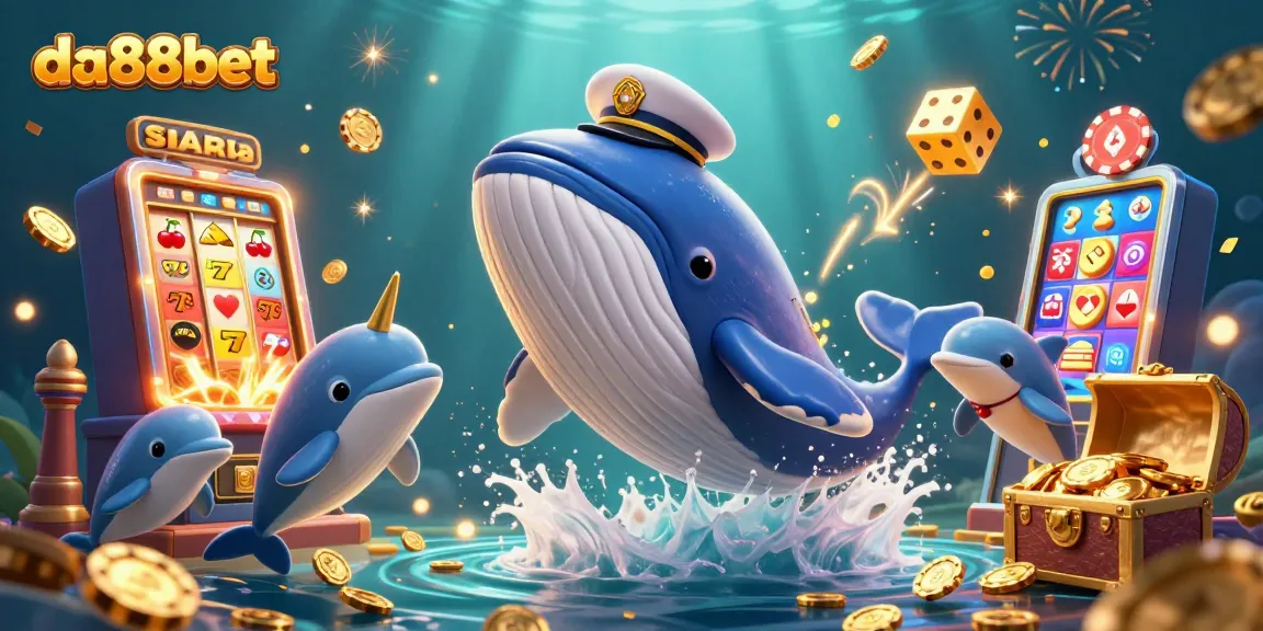 Engage with da88bet's thrilling underwater casino adventure featuring a whale, narwhal, and dolphins.