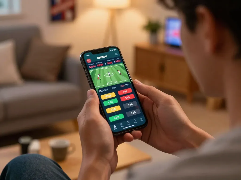 Engaging in sports betting using the 789win app on a smartphone in a cozy setting.