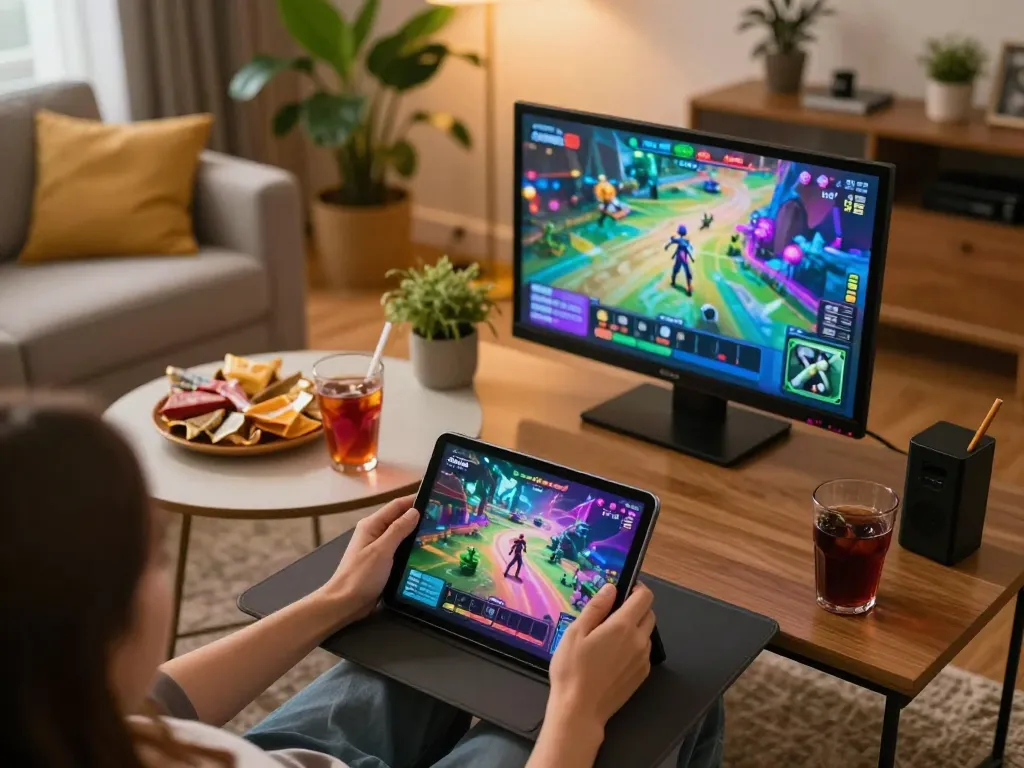 Engaging player enjoying sam86 gaming experience on tablet in cozy home environment