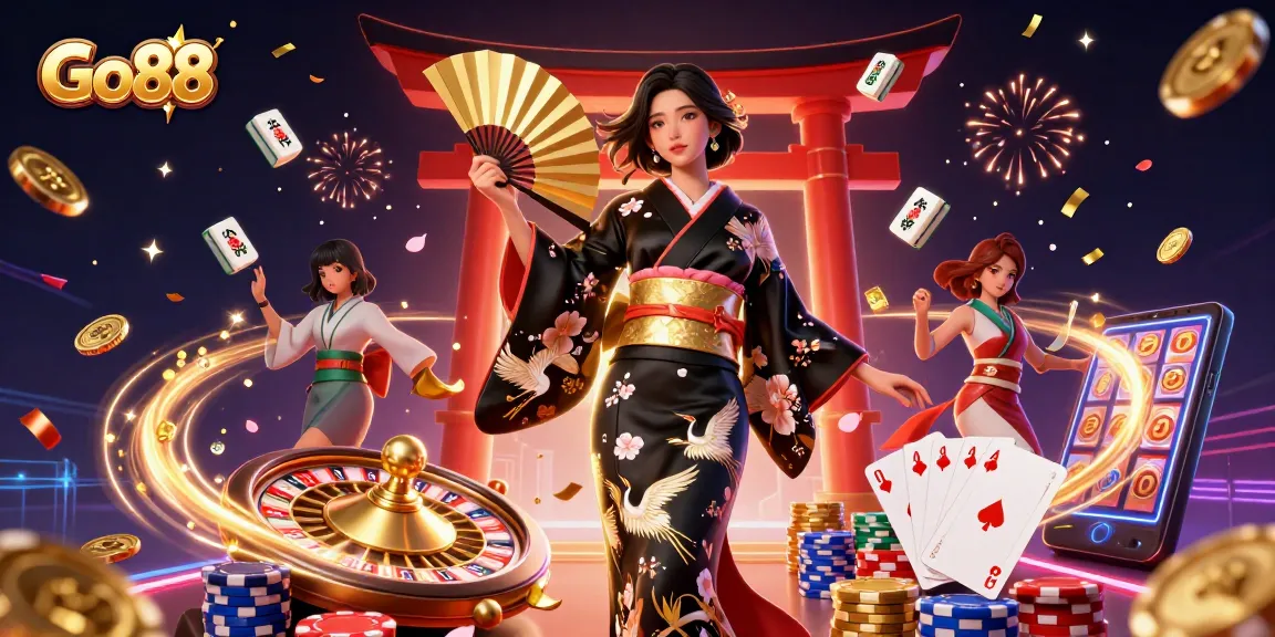 Experience exciting gameplay at Go88 with a vibrant 3D casino illustration featuring various gaming elements.