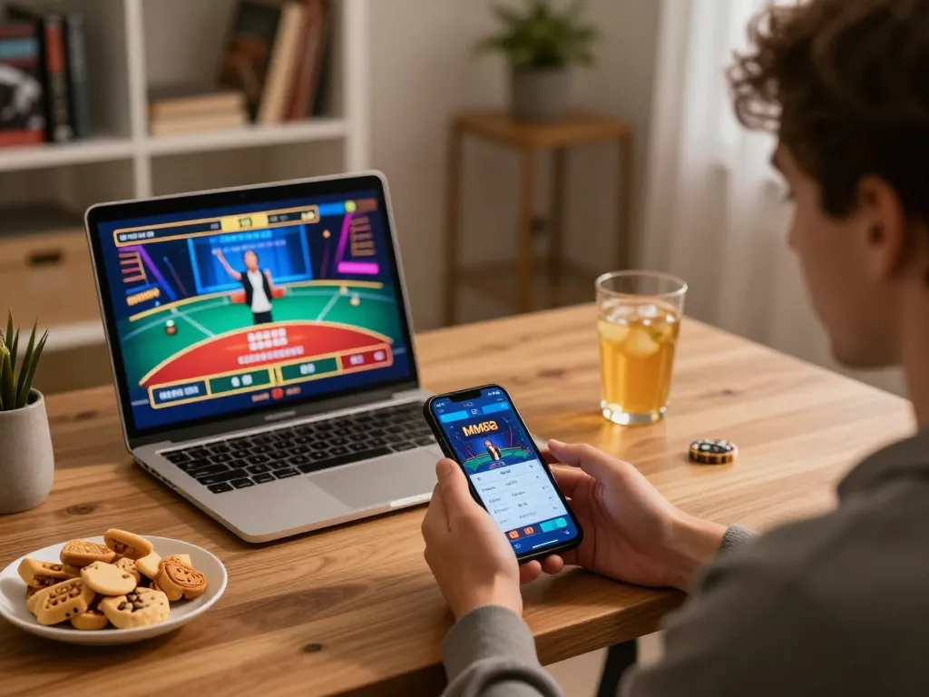 Player engaging with MM88 app for an immersive online gaming experience from home.