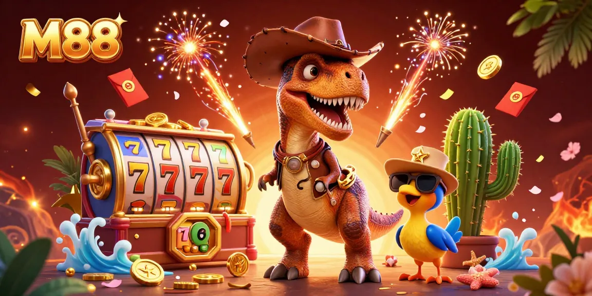 M88 offers thrilling casino adventures with vibrant characters engaging in exciting slots play.