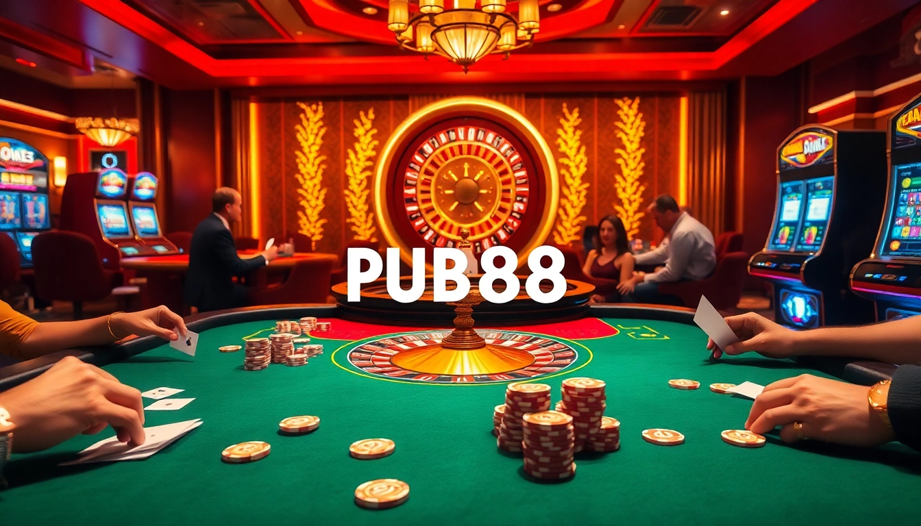 PUB88 players experiencing high-stakes excitement at a luxurious casino.