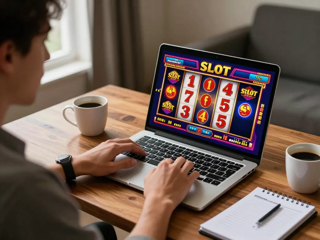 Engaging player enjoying Slot Malaysia games online, showcasing vibrant graphics and cozy home setup.