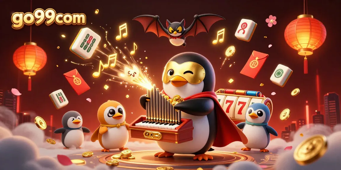Experience go99com with an enchanting scene of a penguin playing an organ, embodying casino excitement.