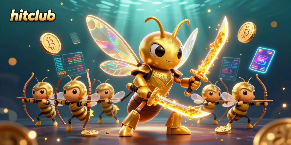 Engage with hitclub's vibrant games featuring a golden hornet in samurai armor amidst glowing digital currency elements.