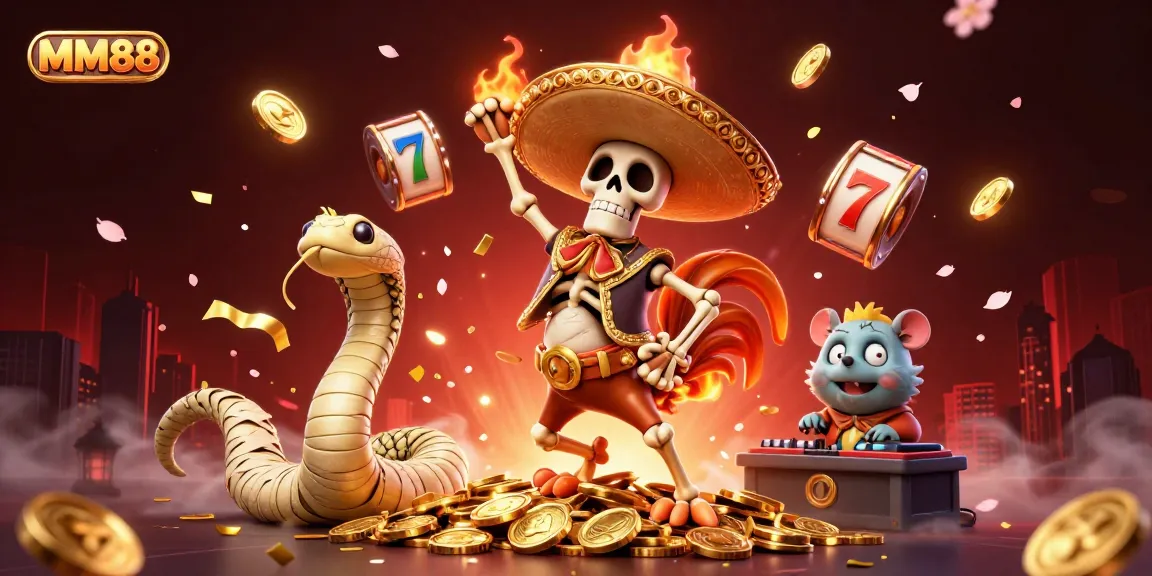 Engage with MM88 through an exhilarating 3D scene filled with vibrant casino imagery and characters.