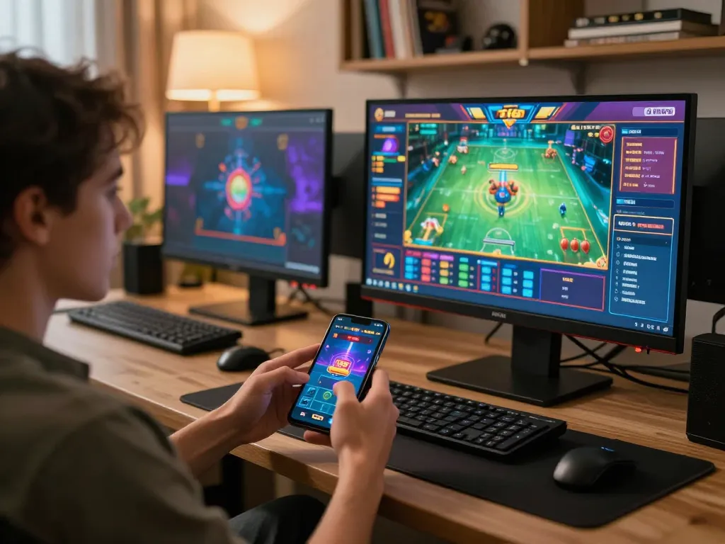 Player engaging with F168 casino app on smartphone in a cozy home gaming setup.