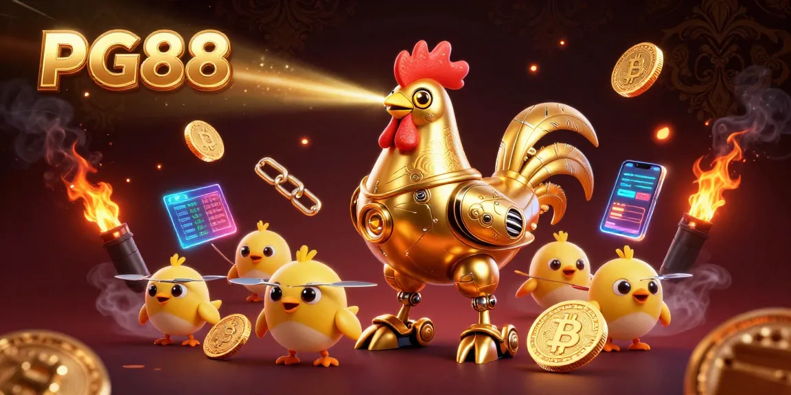 Engage with PG88 at a dynamic 3D casino, featuring golden rooster robots and crypto elements.