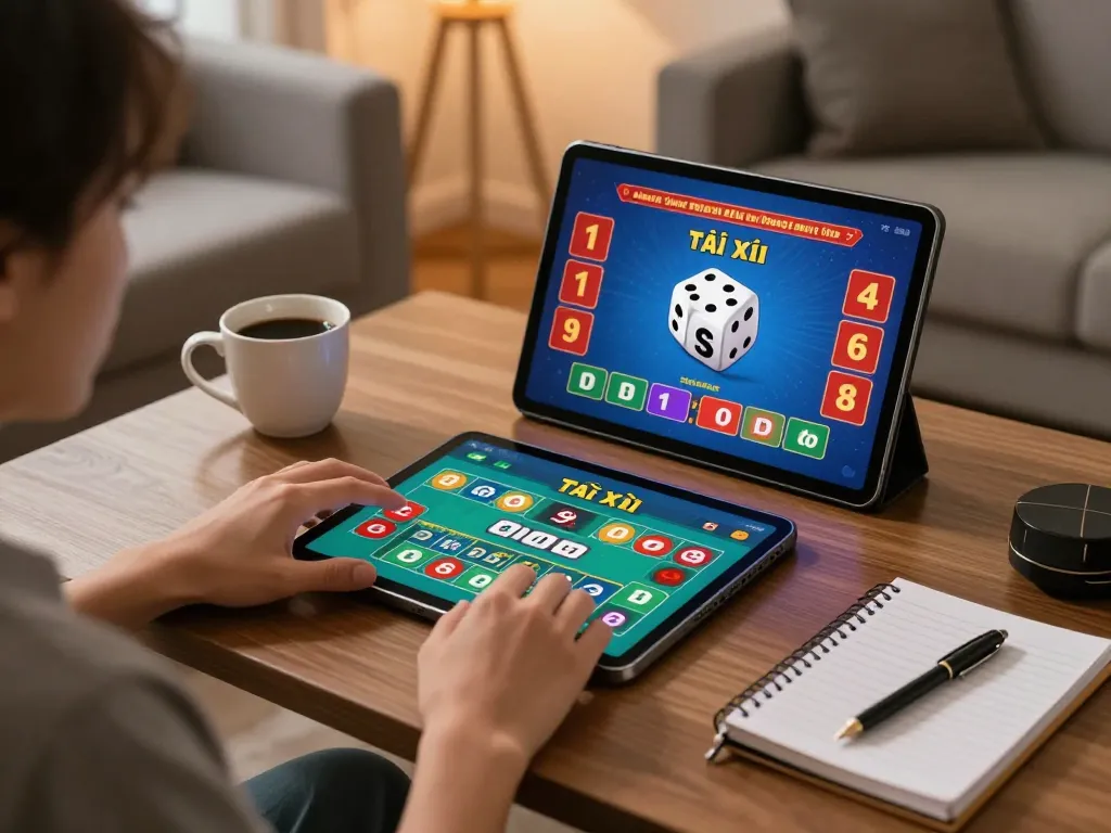 Tài xỉu uy tín gameplay on tablet in a cozy home setting emphasizing strategic online gambling.