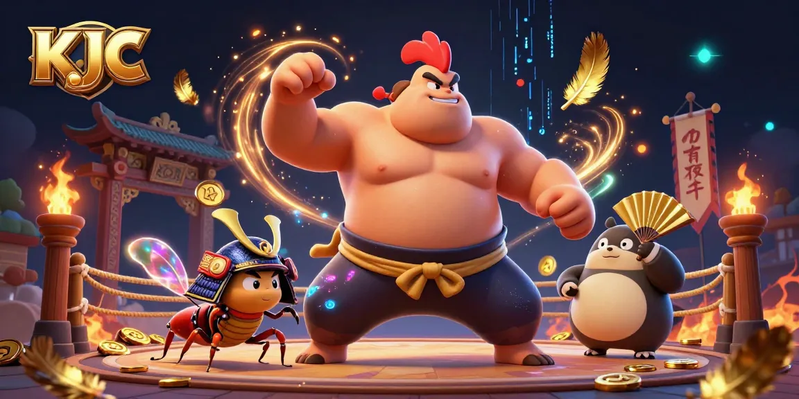 KJC attracts players with a dynamic scene featuring an impressive sumo wrestler and fierce cricket in a vibrant casino arena.