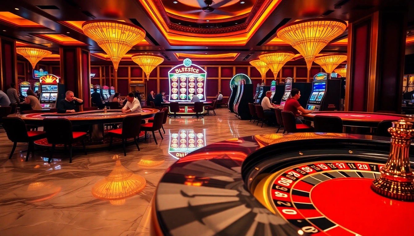 Casino scene illustrating mm oo with vibrant gaming tables, poker chips, and roulette wheels.
