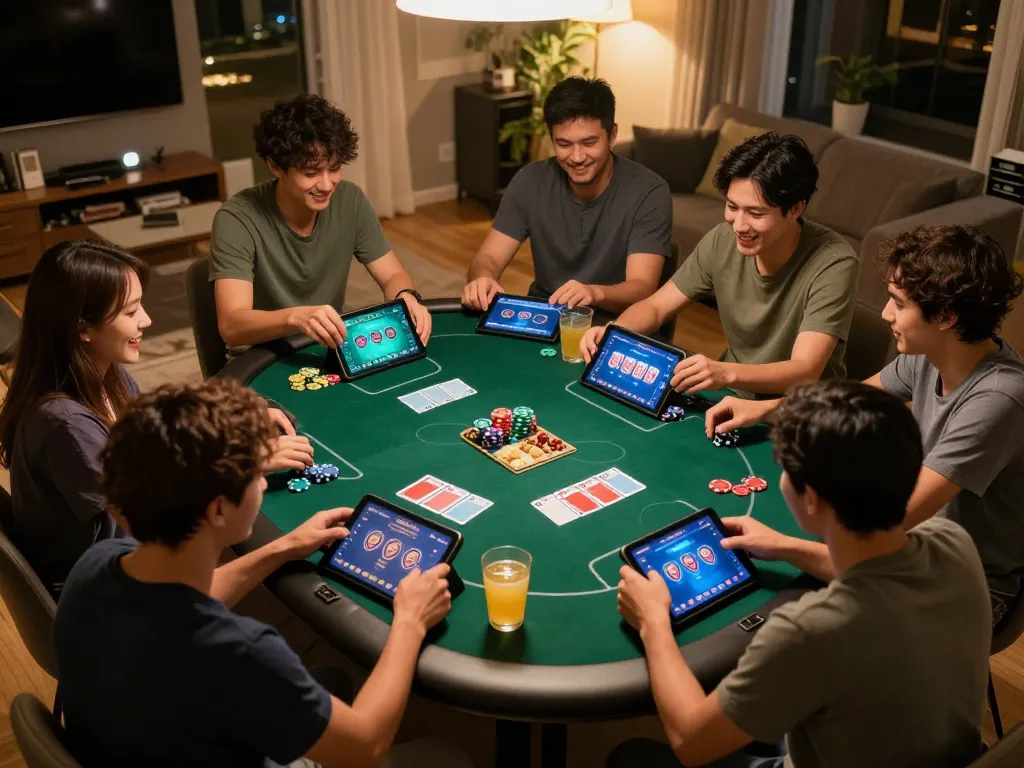 Fun88 players engaged in a lively home poker game, showcasing excitement and strategy during gameplay