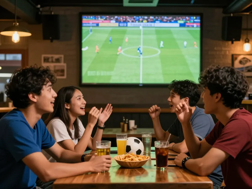 Fans enjoying live football action with Lương Sơn TV streaming on screen, capturing excitement in social setting.