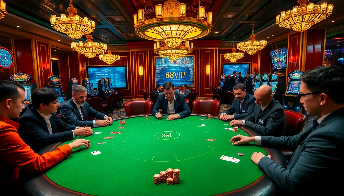 Engaged players strategizing at a 68VIP poker table in a luxurious casino setting.