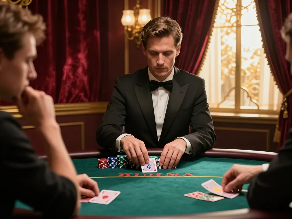 Engaged players at LV88 poker table pondering strategies in luxurious casino setting.