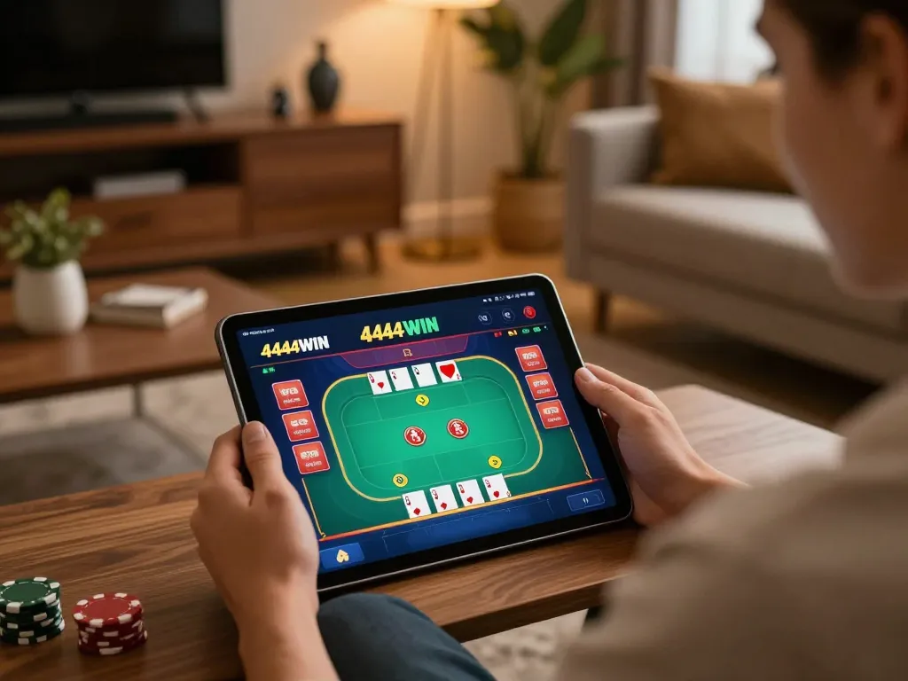 Engaging with the 4444WIN app showcasing an exciting poker game on tablet for mobile gaming.