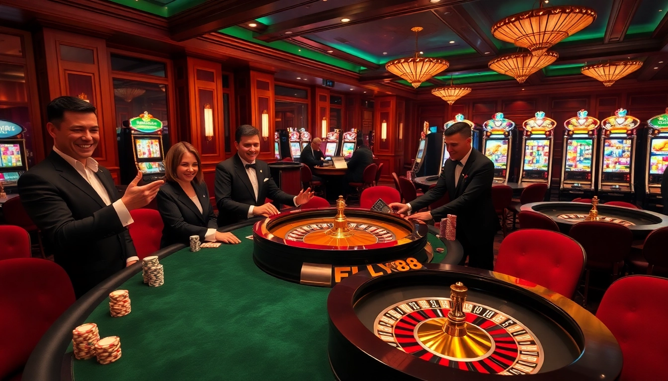 Engage in high-stakes gameplay at FLY88's luxurious casino setting featuring roulette wheels and poker chips.