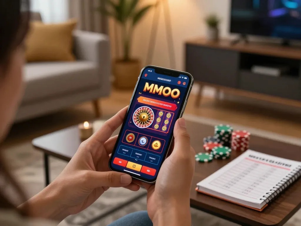 MMOO app interface displayed on smartphone during online gaming in cozy living room.