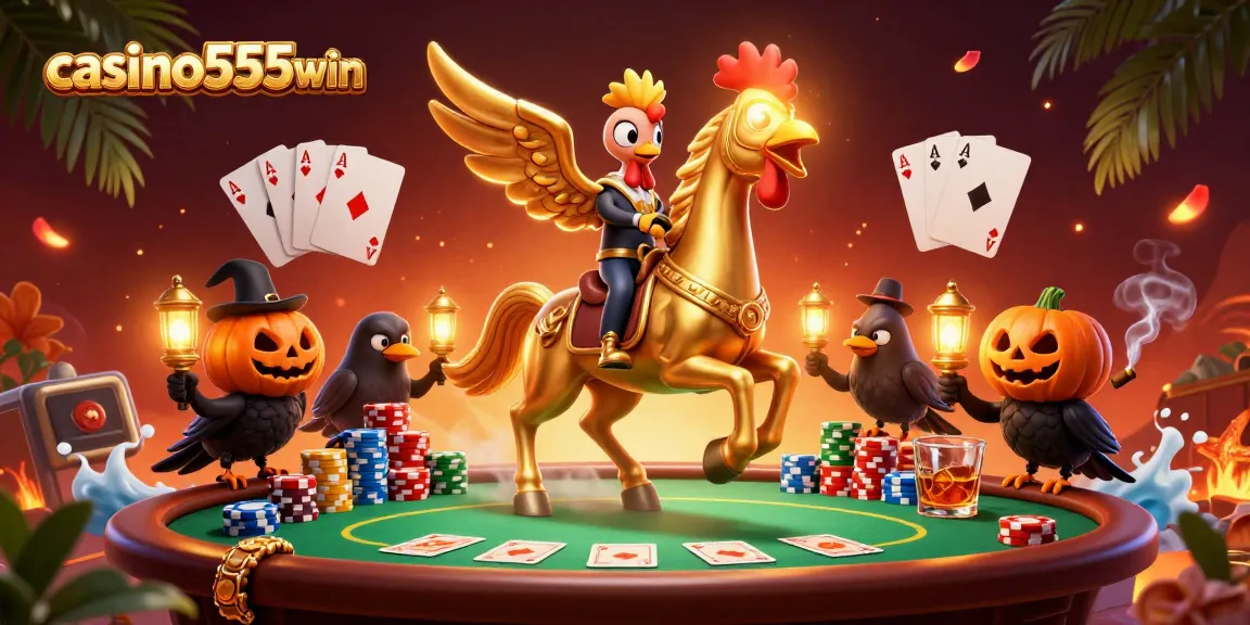 Play exciting casino games at casino555win with a vibrant illustration showing colorful poker elements.