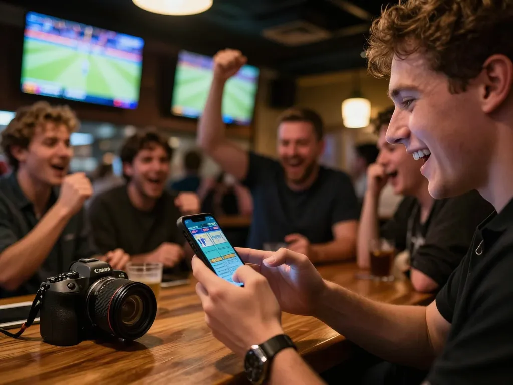 Engaged gambler using 33WIN app for live sports betting, surrounded by cheering fans in a sports bar.
