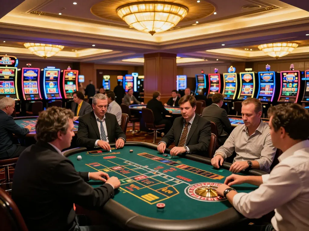 Players enjoying roulette gameplay at MM88 casino, surrounded by vibrant slot machines and lively atmosphere.