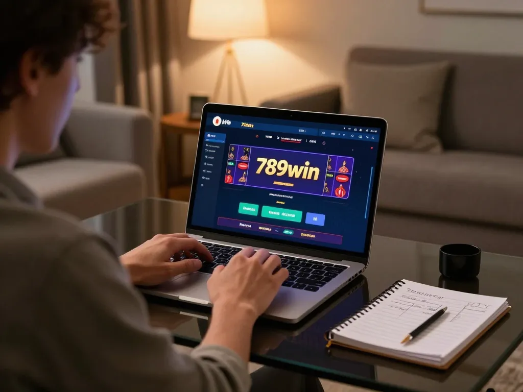 Engaging with the 789win link online casino through a laptop in a cozy home environment.