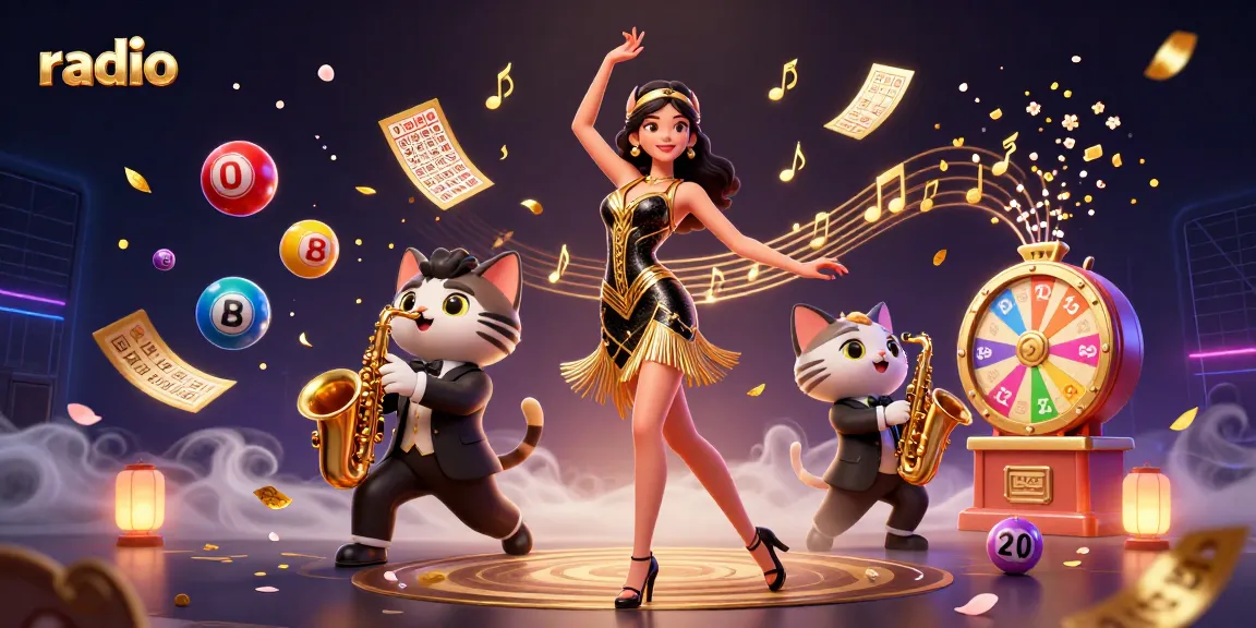 Experience thrilling radio excitement with vibrant lottery fun and engaging characters in this colorful casino scene.